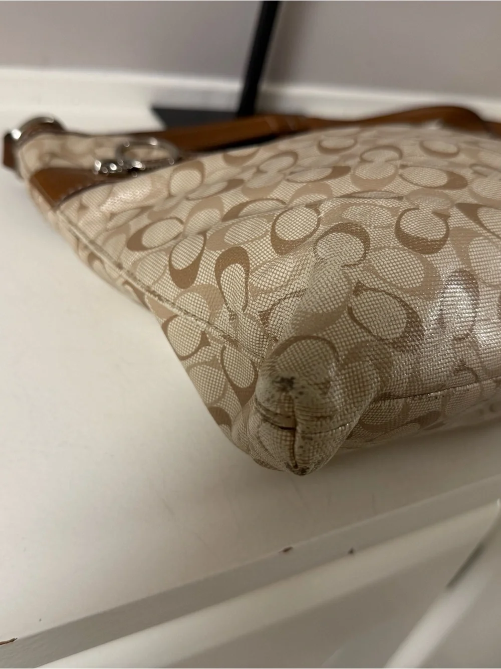 Coach Beige Signature Crossbody with Brown Leather Trim!